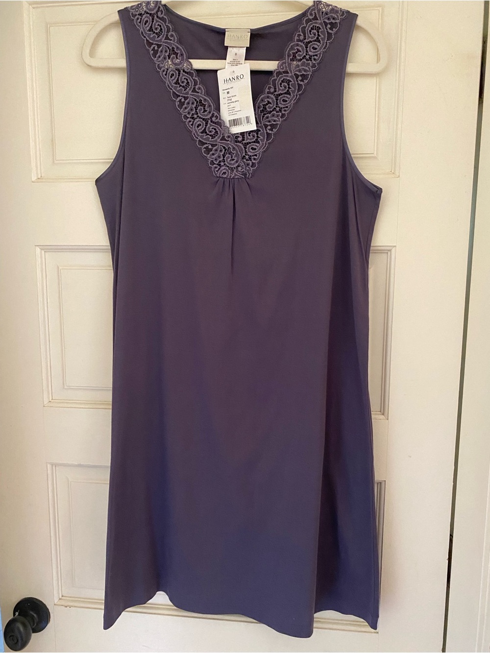 NWT Hanro Luxury Sleepwear 100% Cotton Tank Gown With Lace V-Neck Trim Purple M - Picture 3 of 12
